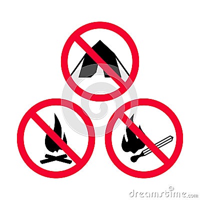 No camping, No fire and No open flames red prohibition signs. Vector Illustration