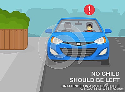 No child should be left unattended in a motor vehicle. Kid sitting in front driver`s seat. Parked car at curb. Vector Illustration