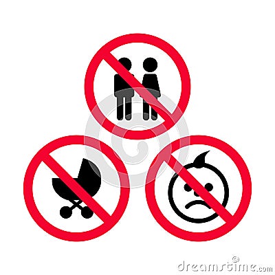 No children, no baby strollers, no infants red prohibition sign. Vector Illustration