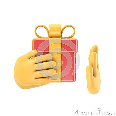 No corruption concept. Rejecting proposal. Man holding in hand gift box with ribbon. Gesture rejects the proposal. Stock Photo