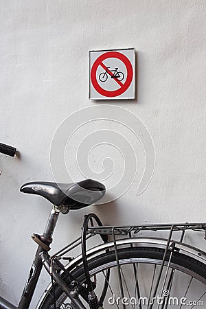 No cycling sign and bicycle Stock Photo