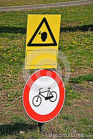 No cycling traffic sign on the grass area Stock Photo