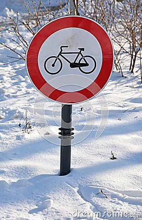 No cycling traffic sign in the snow winter time Stock Photo