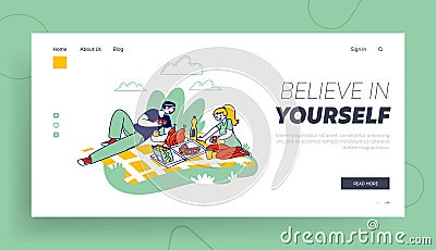 No Diet Concept, People Enjoying Carb Meals Landing Page Template. Characters Spend Time Outdoors on Picnic Vector Illustration