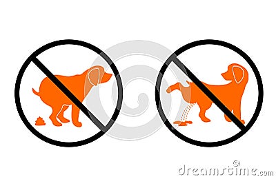 No dog poop sign and No pissing dog sign. Shitting is not allowed. Information circular sign for dog owners. No poo and Vector Illustration