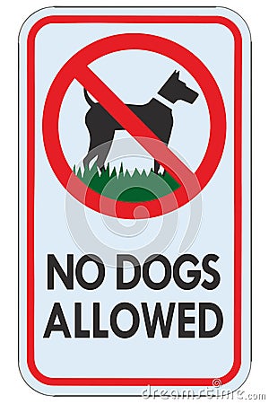 No dogs allowed text warning sign, isolated large detailed ban signage macro closeup, vertical metal regulatory notice board pole Stock Photo