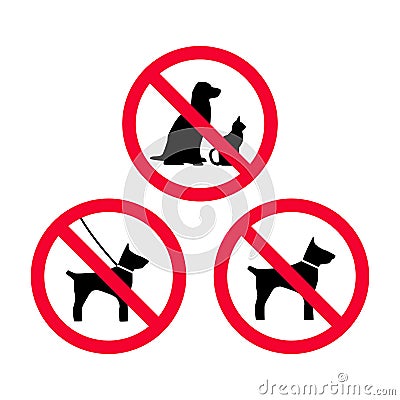 No dogs, no pets, no leash dogs, no free dogs red prohibition sign. Vector Illustration