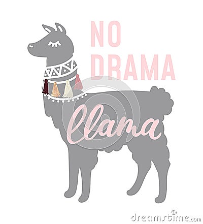 No drama llama cool illustration with lettering, llama, tassels. Vector Illustration