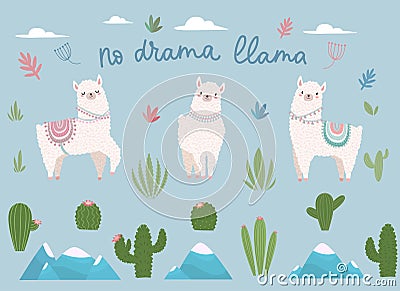 No drama llama cute cartoon set with lettering Vector Illustration