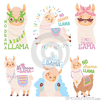 No drama llama. Funny llamas or cute alpacas quote, happy mexican alpaca vector illustration set Vector Illustration