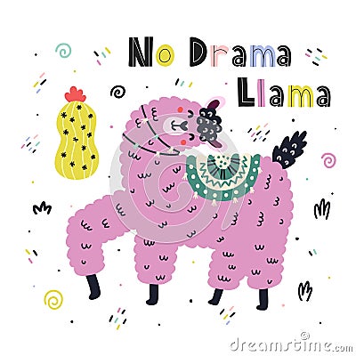 No Drama Llama funny print with hand drawn lettering Vector Illustration