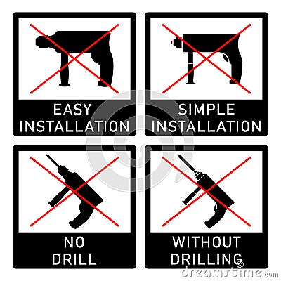 No drill, without drilling, easy installation, simple installation icon with power drill symbol. Crossed out vector clipart. Vector Illustration