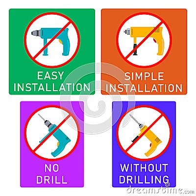 No drill, without drilling, easy installation, simple installation icon with power drill symbol. Crossed out vector clipart. Vector Illustration