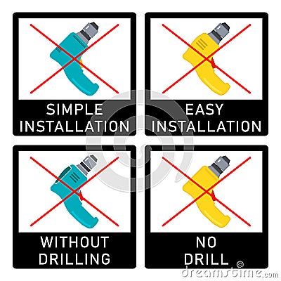 No drill, without drilling, easy installation, simple installation icon with power drill symbol. Crossed out vector clipart. Vector Illustration