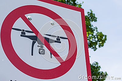 No Drone Zone Sign Cross Red White Metal Real Outdoors Tourist L Stock Photo