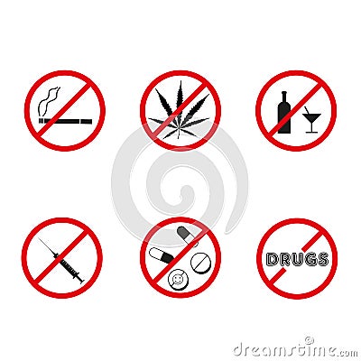 No drugs, no alcohol prohibition signs. Vector. Vector Illustration