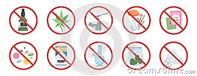 No drugs set. Narcotic behind red forbidden sign. Vector Illustration