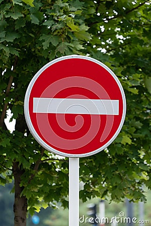 No Entry Road Sign Green Background Stock Photo