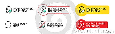 No Face Mask No Entry Message to Enter a Public Place. Stop Novel Coronavirus outbreak covid-19. Pandemic Editable Line Vector Illustration