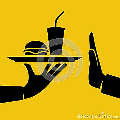 No fast food, black icon. Rejecting the offered junk food. Gesture hand NO. Vector Illustration