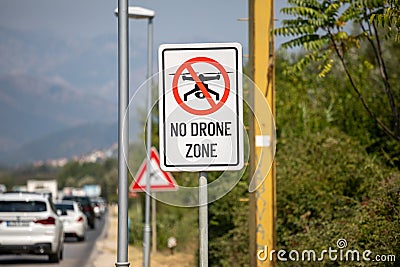 No-fly zone - drone fly forbiden - sign near the airport in Tivat Stock Photo