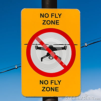 No fly zone sign. No drone zone sign the blue sky background. Stock Photo