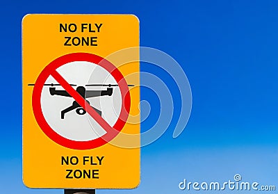 No drone zone sign the blue sky background.No fly zone sign. Stock Photo