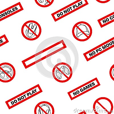 No games. No consoles. No gamepad seamless pattern. No joystick sign. Forbidden gamepad icon. Prohibited gaming icon set, line Stock Photo