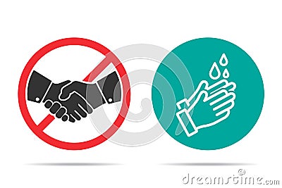 No handshake and hand washing icons in a flat design Vector Illustration
