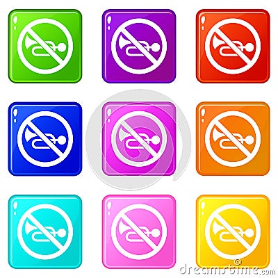 No horn traffic sign icons 9 set Vector Illustration