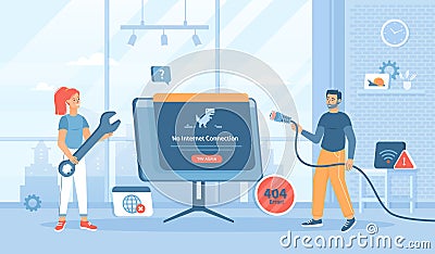 No Internet Connection. Web page not loading. Offline error, No Wi-Fi signal. The network cable is disconnected. Flat cartoon Vector Illustration