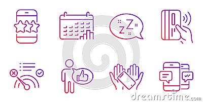 No internet, Sleep and Like icons set. Contactless payment, Calendar graph and Smartphone holding signs. Vector Vector Illustration