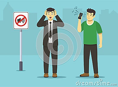 Isolated young male character holding phone and listening to loud music. Businessman covering his ears with hands. Vector Illustration