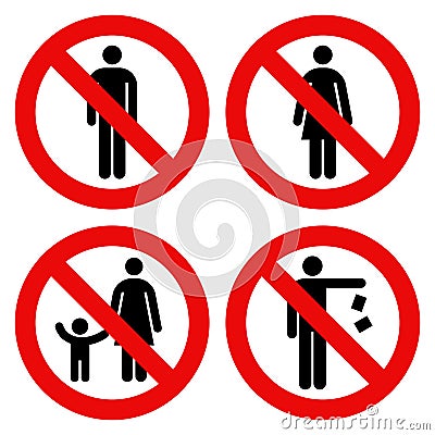 No man sign, No woman sign, Parent and child sign, No littering Vector Illustration