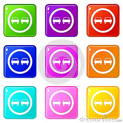 No overtaking road traffic sign icons 9 set Vector Illustration