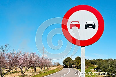 No overtaking sign in a secondary road Stock Photo