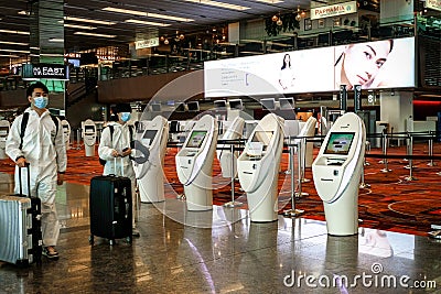 No people checking in at auto check-in kiosks, Changi Airport Terminal 1 Editorial Stock Photo