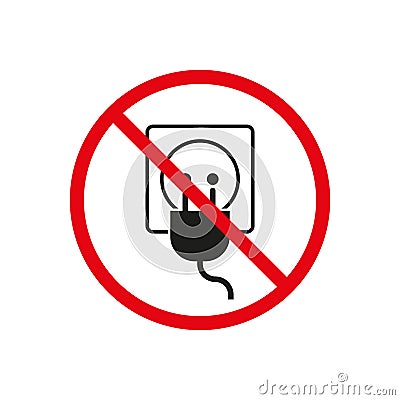 No plug icon. Red prohibition circle. Electrical socket symbol. Power usage restriction. Vector Illustration