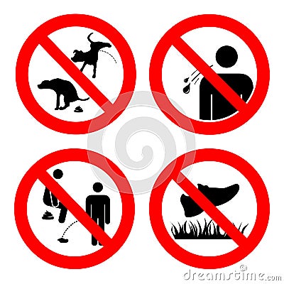 No pooping and peeing people and pets, do not walk on lawns, no spitting sign. Collection of symbols. Vector illustration isolated Cartoon Illustration