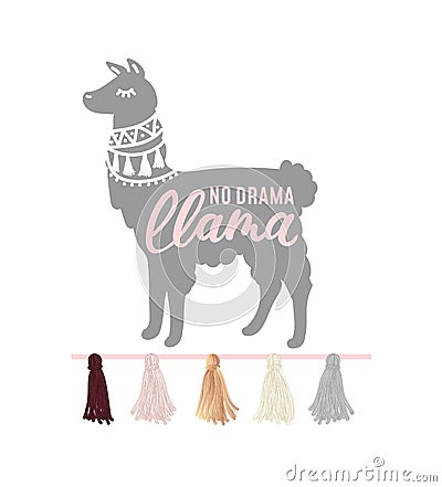 No probllama cool illustration with lettering, llama, tassels Vector Illustration