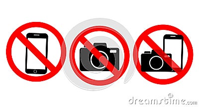 No recording or taking pictures sign. Signs prohibiting the use of cameras or phones. illustration Vector Illustration