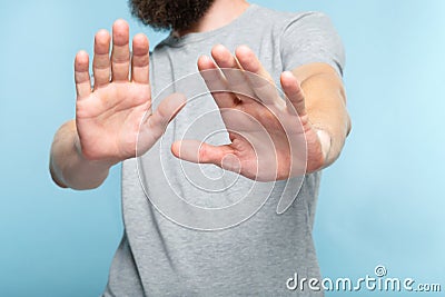 No rejection refusal man hands palms push away Stock Photo