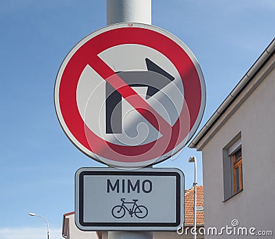No right turn except bikes sign Stock Photo