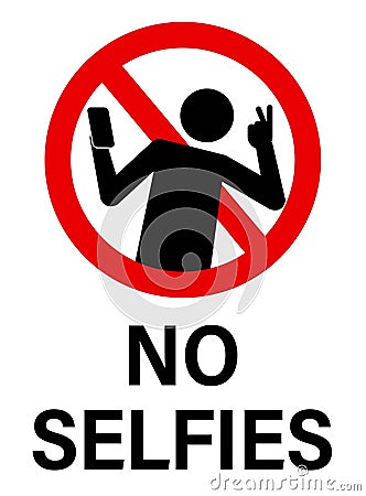No selfies, ban sign with silhouette of person taking a selfie. Text Vector Illustration