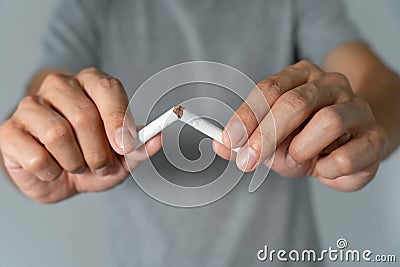 No smoking. Man stop smoke, refuse, reject, break take cigarette, say no. quit smoking for health. world tobacco day. drugs, Lung Stock Photo