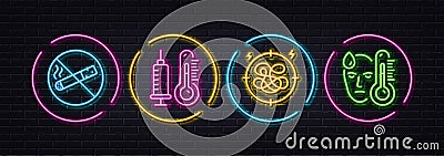 No smoking, Thermometer and Stress minimal line icons. For web application, printing. Neon laser 3d lights. Vector Vector Illustration