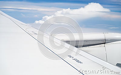 No step signs on airliner wing Stock Photo