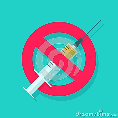 No or stop drugs vector sign, flat cartoon medical syringe with prohibition or forbidden sign, stop narcotic symbol Vector Illustration