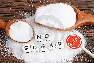 No sugar, sweet granulated sugar with text, diabetes prevention, diet and weight loss for good health Stock Photo
