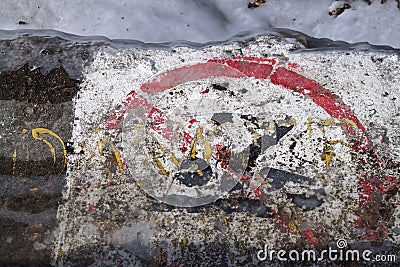 No Swim Sign on Chicago lakeshore on south side of Lake Michigan on a frigid winter day Stock Photo